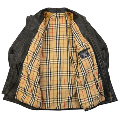 Vintage 90s Burberry Nova Check Lined Leather Jacket Size XL | XL, Black