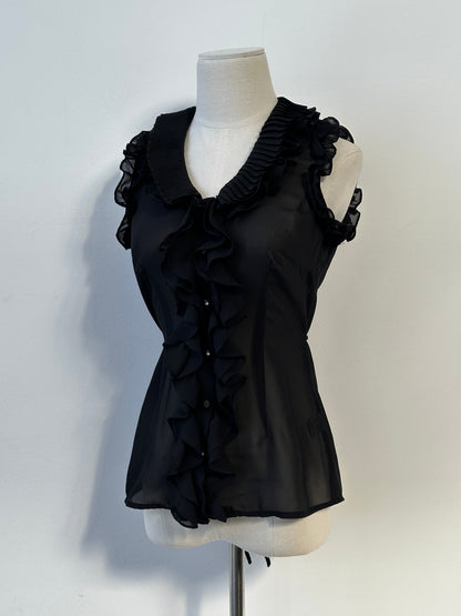 Vintage 2000s Sheer Ruffle Tit Belt Sleeveless Shirt - XS