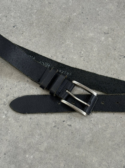 Vintage 1990s chrome distressed leather belt with metal buckle, adjustable W27-33, casual accessory.