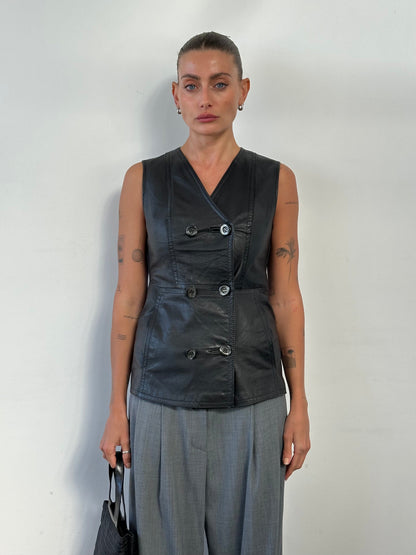 Vintage Double Breasted Leather Waistcoat - S