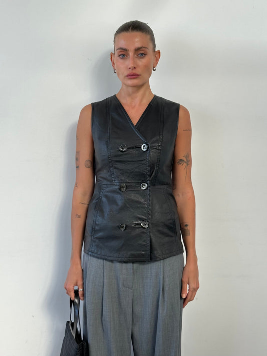 Vintage Double Breasted Leather Waistcoat - S