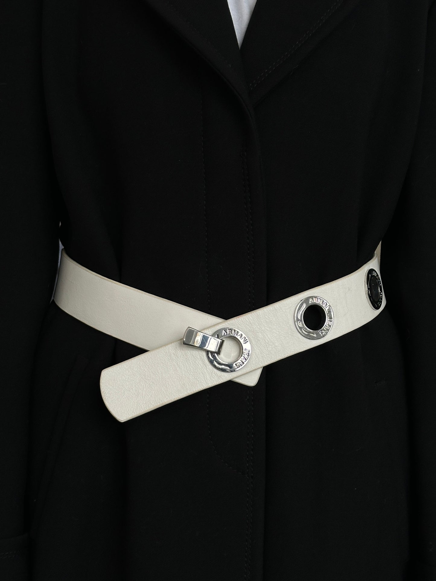 Armani Jeans 1990s Silver Eyelet Logo Leather Belt - W26-32