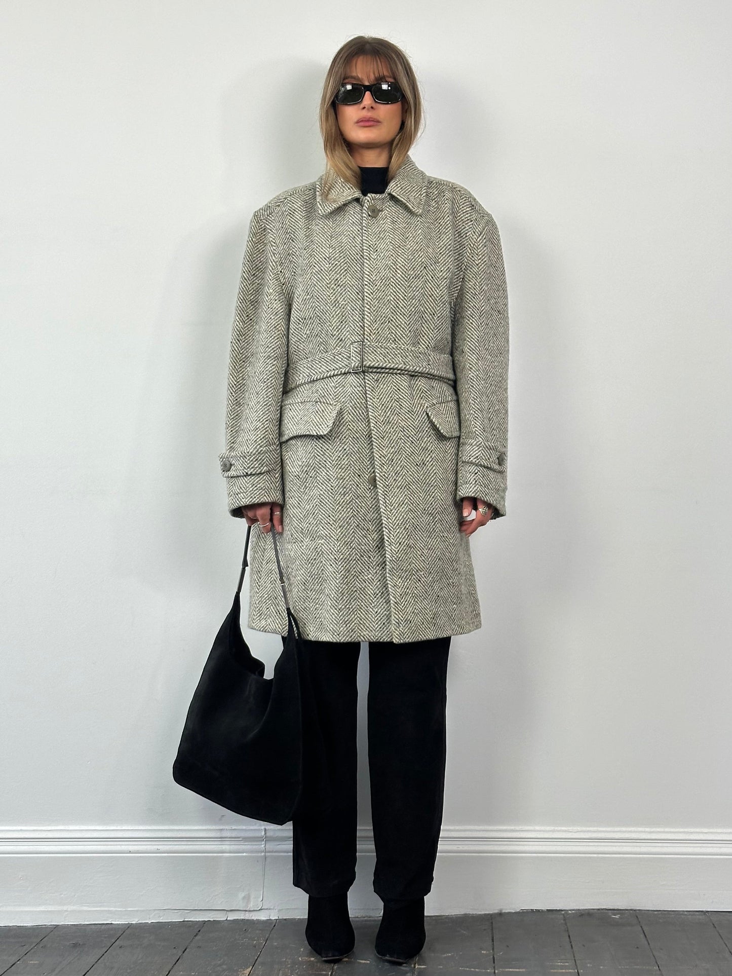 Valentino Pure Brushed Wool Herringbone Belted Coat - XL/XXL