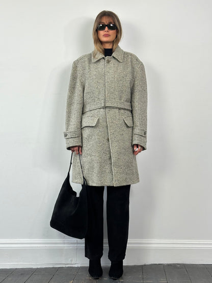 Valentino 1990s Pure Wool Herringbone Belted Coat - XL/XXL