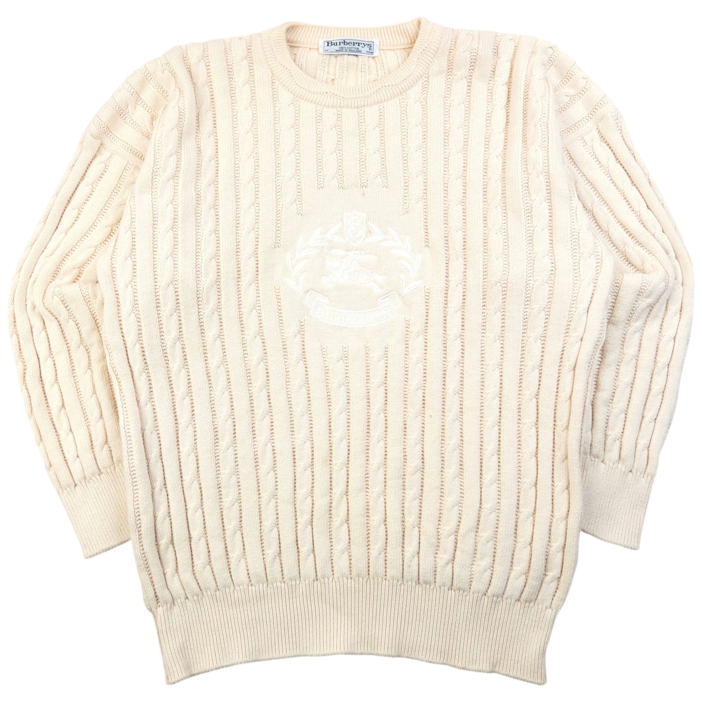 Vintage 90s Burberry Embroidered Cable Knit Jumper Size | Medium, Cream