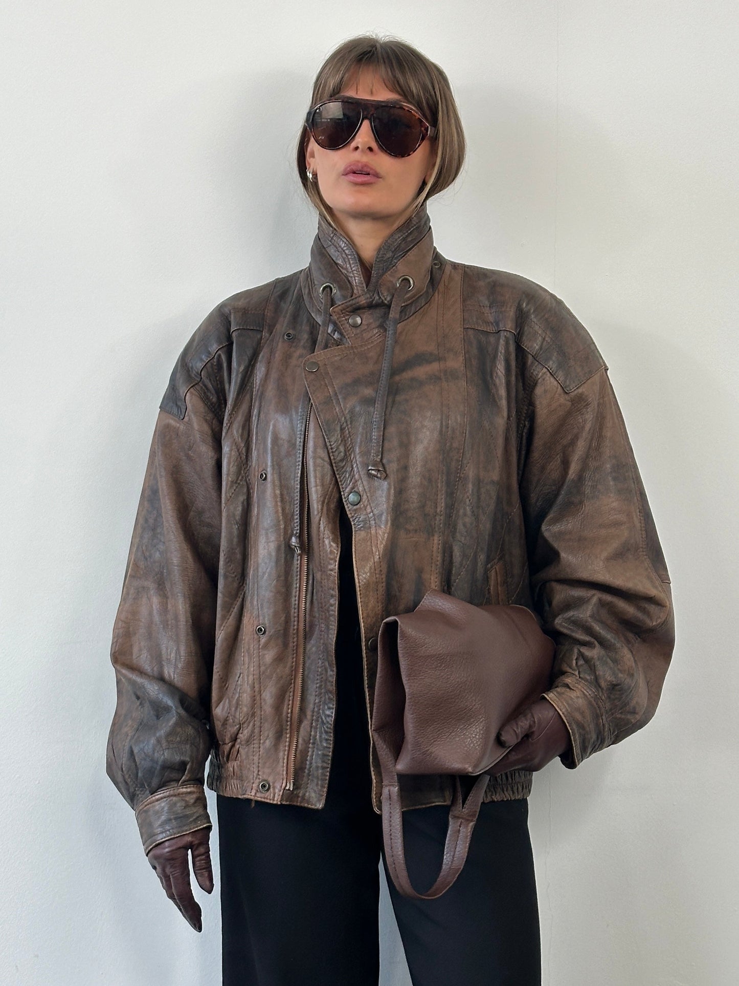 Vintage 1990s High Neck Aged Leather Bomber Jacket - XL