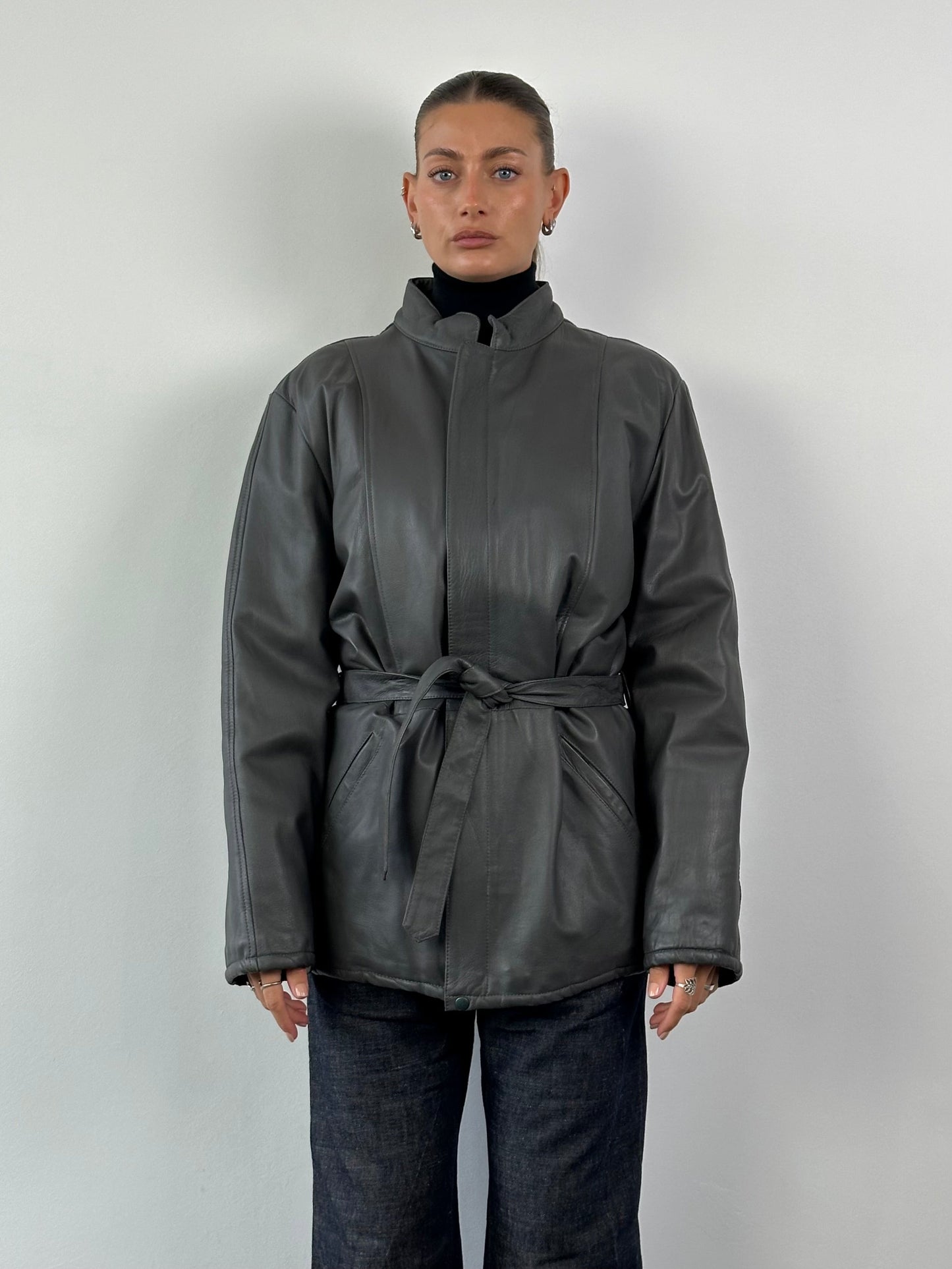 Italian Vintage Belted Leather Jacket - XL