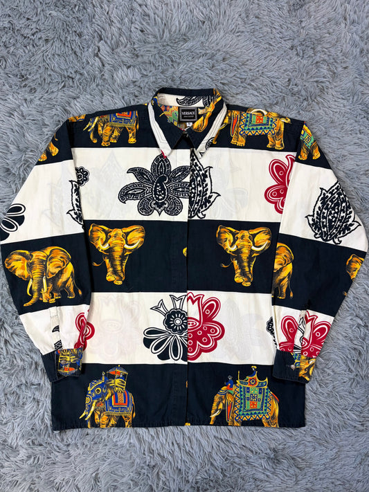 Versace VJC 90’s Regal Striped Elephant Shirt - S/M | S/M, Black, White, Yellow, Red