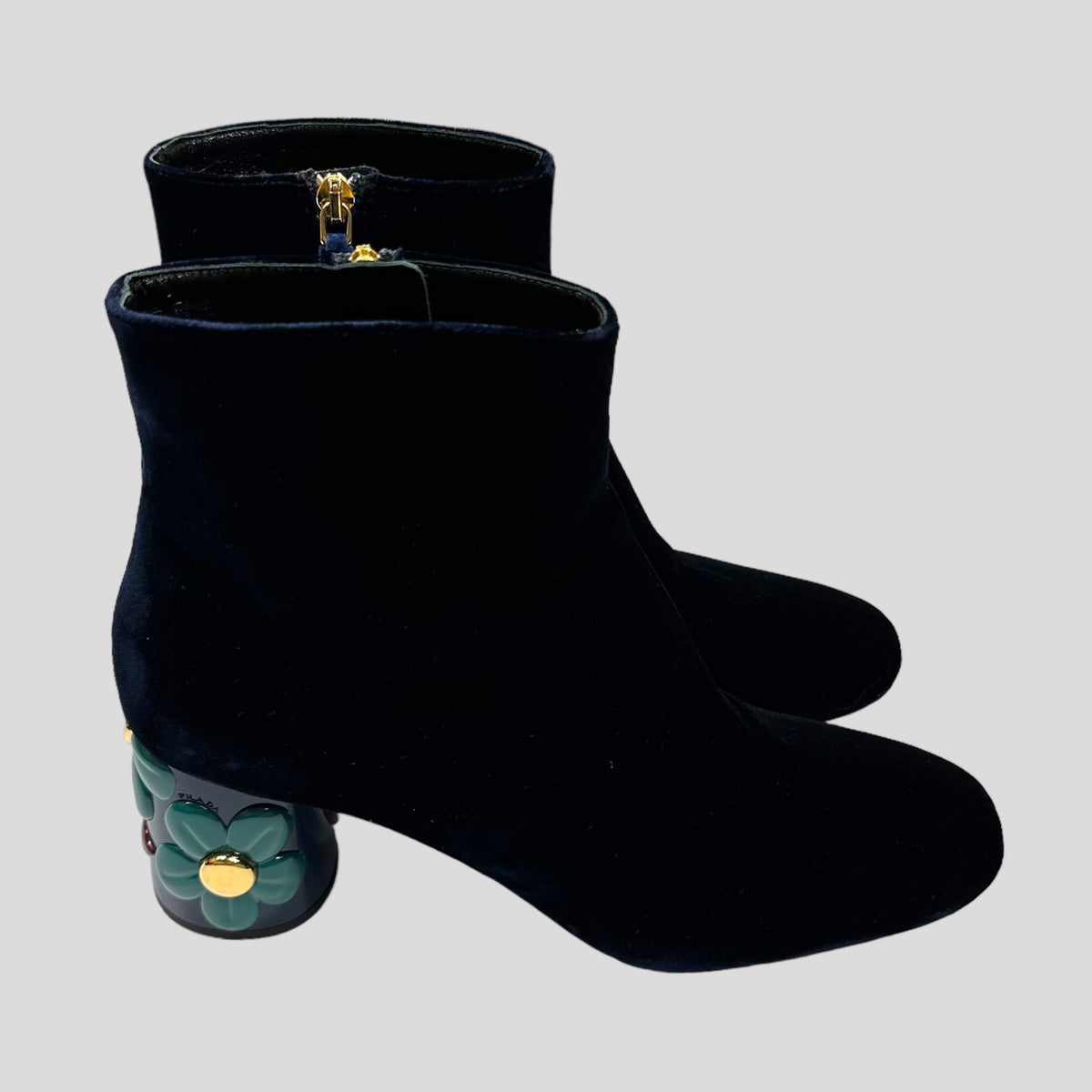 Prada Milano Floral Heel Blue Velvet Boots - UK7 | Navy