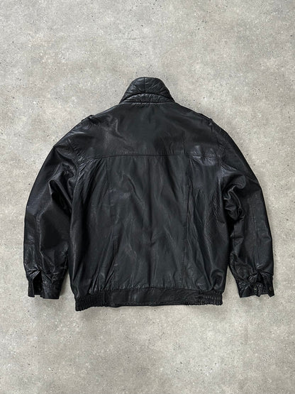 St Michael 1980s High Neck Leather Bomber Jacket - XL