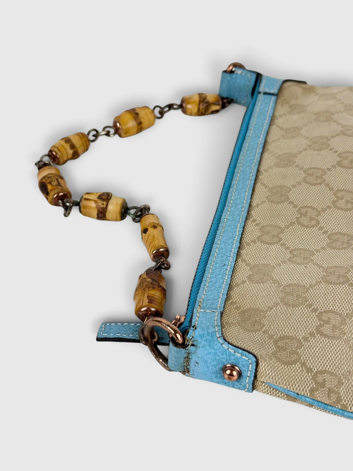 Vintage 90s Gucci Monogram Mini Bamboo Chain Shoulder Bag | O/S, Beige, Blue