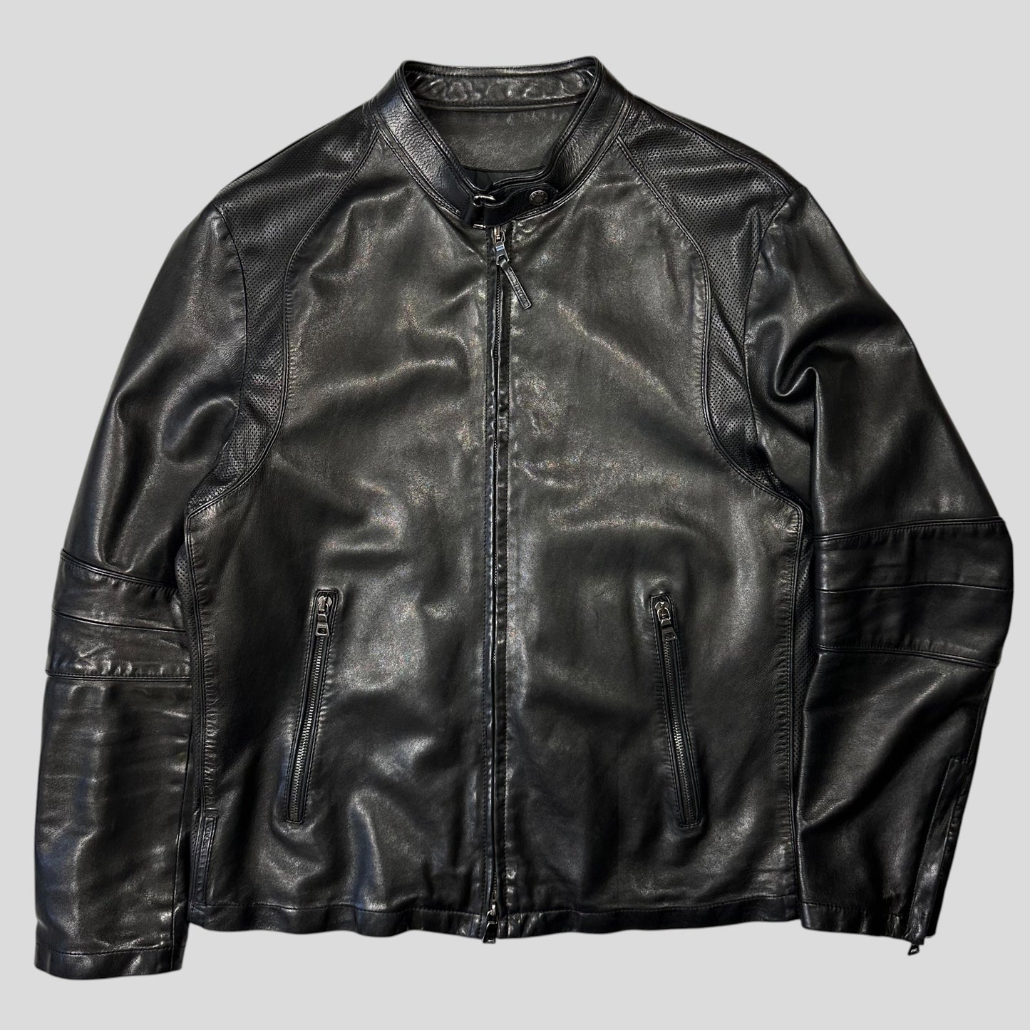 Prada Sport 2006 Leather Perforated Café Racer Logo Jacket - M | Default Title, Black