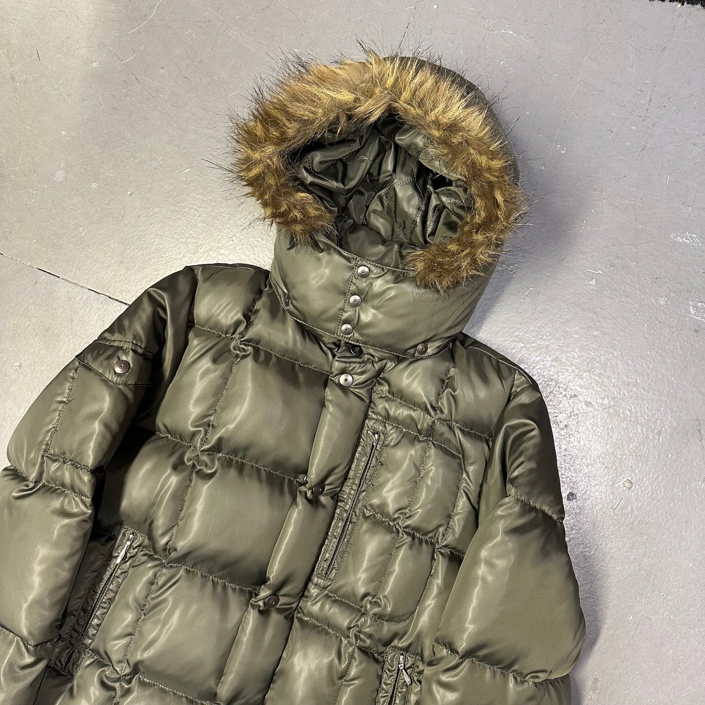 Takeo Kikuchi Puffer Jacket With Fur Hood In Olive Green ( L )