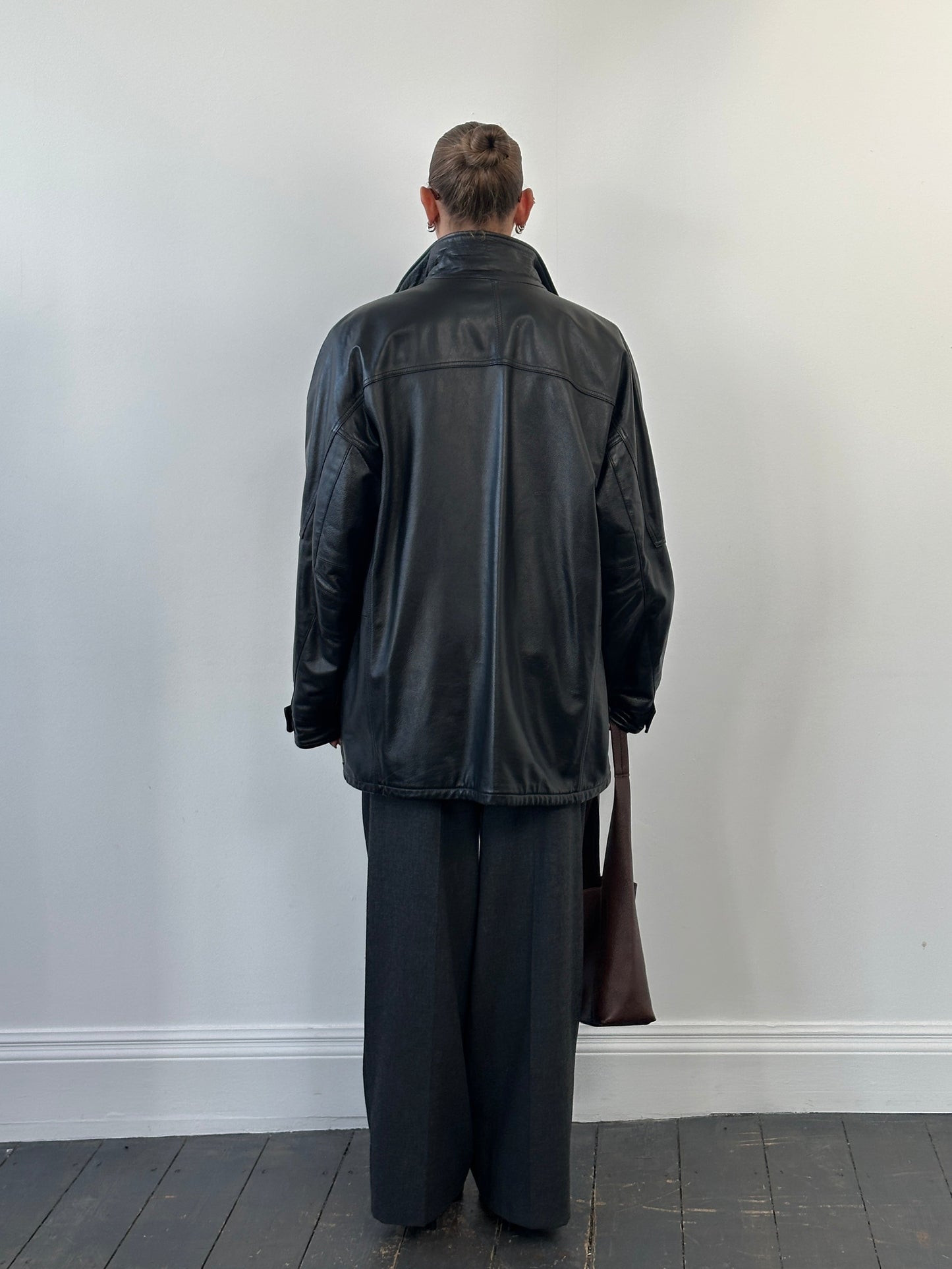 Armani Jeans 2000s High Neck Double Zip Leather Jacket - XXL