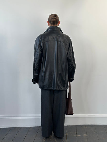 Armani Jeans 2000s High Neck Double Zip Leather Jacket - XXL