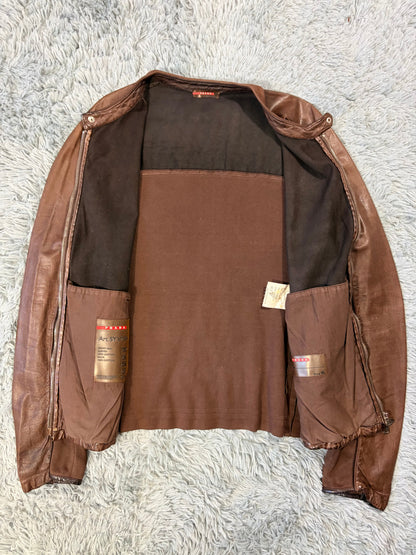 Prada Sport 2004 Brown Leather + Cotton Panelled Biker Jacket - L | O/S, Brown