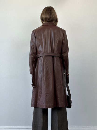 Vintage Smooth Leather Belted Trench Coat - M/L