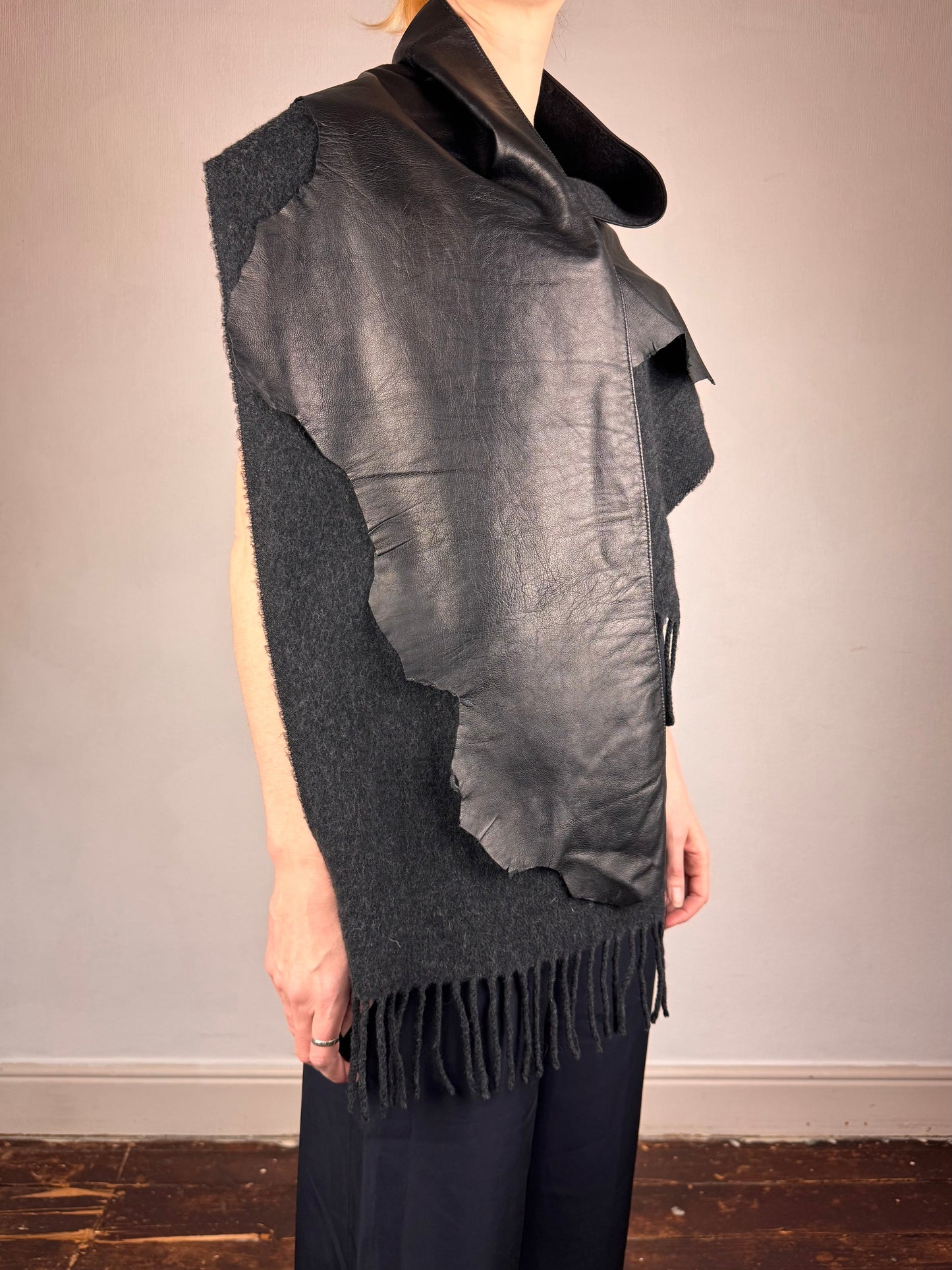 Jean Paul Gaultier leather wool scarf | O/S, Black