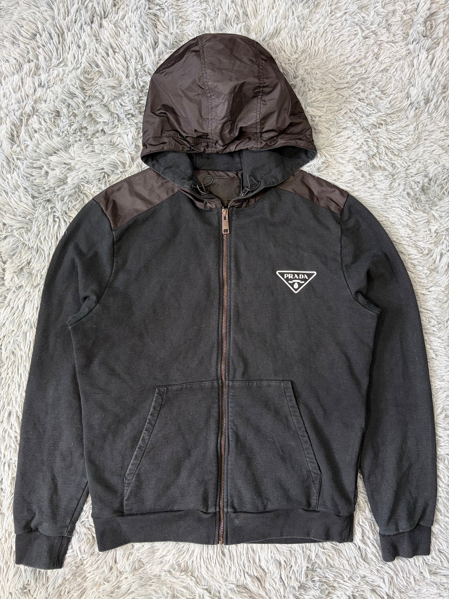 Prada 2022 Triangle Graphic Logo Nylon Panelled Hoodie Jacket - M | O/S, Black