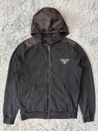 Prada 2022 Triangle Graphic Logo Nylon Panelled Hoodie Jacket - M | O/S, Black