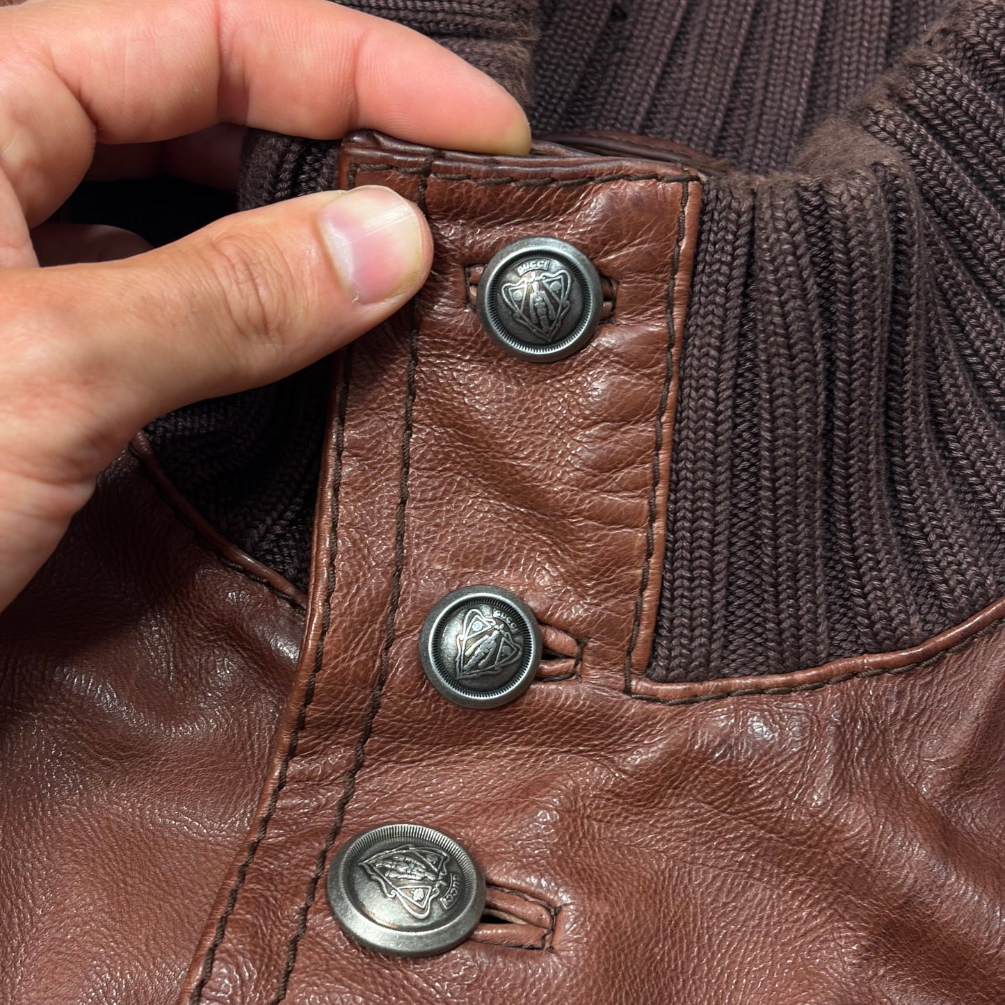 Gucci 2006 Madonna Cognac Leather Crest Button Bomber Jacket - L | Default Title, Brown