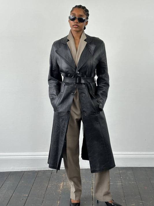 Vintage 1990s Leather Belted Trench Coat - S/M