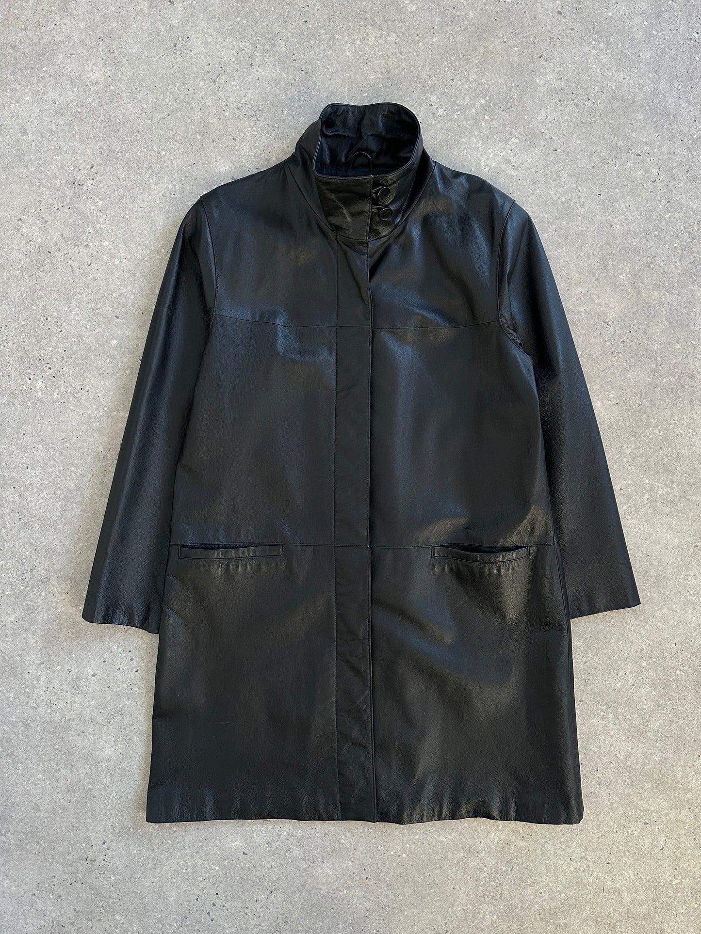 Vintage 2000s High Neck Leather Trench Coat - M
