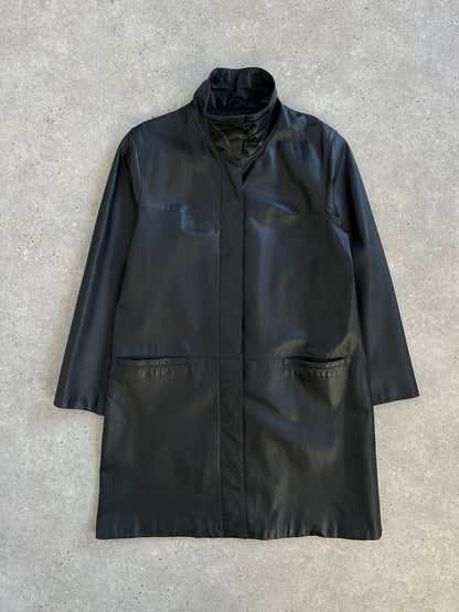 Vintage 2000s High Neck Leather Trench Coat - M