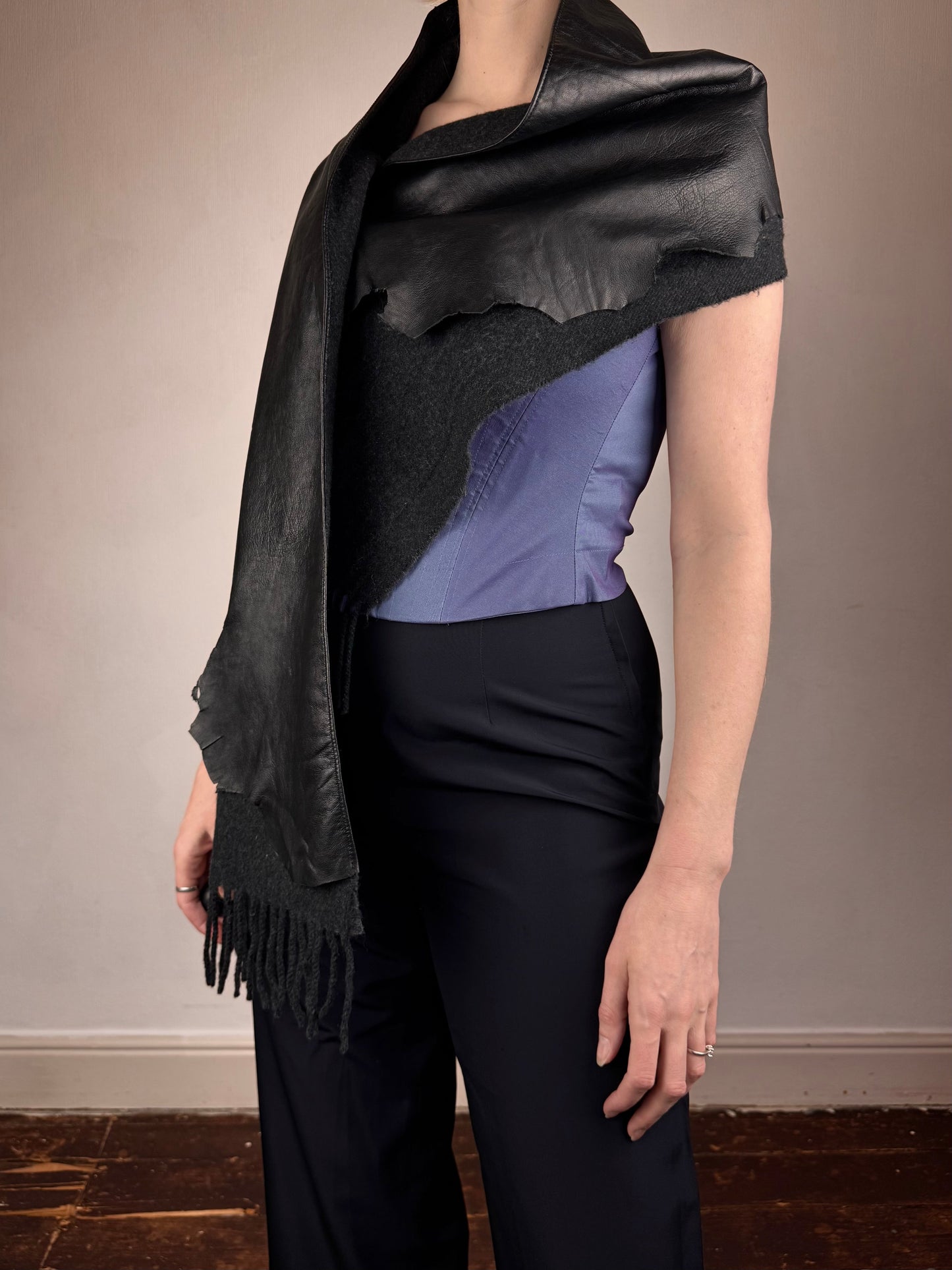 Jean Paul Gaultier leather wool scarf | O/S, Black