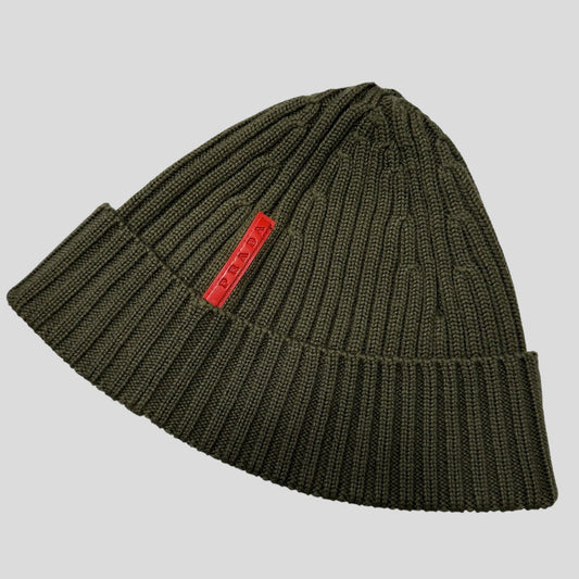 Prada Sport 2009 Khaki Green Wool Ribbed Fisherman’s Beanie | O/S, Multicoloured