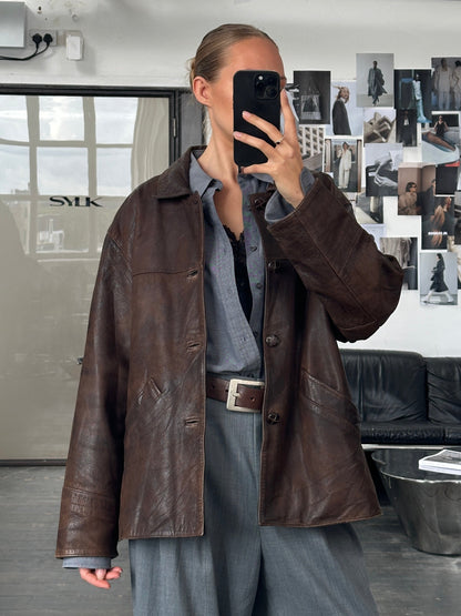 Vintage 1980s Aged Boxy Leather Jacket - XL