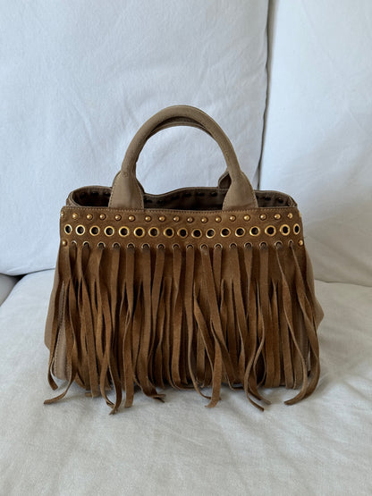 RARE 2010s Prada Grommet Suede Frill Handbag | O/S, Brown