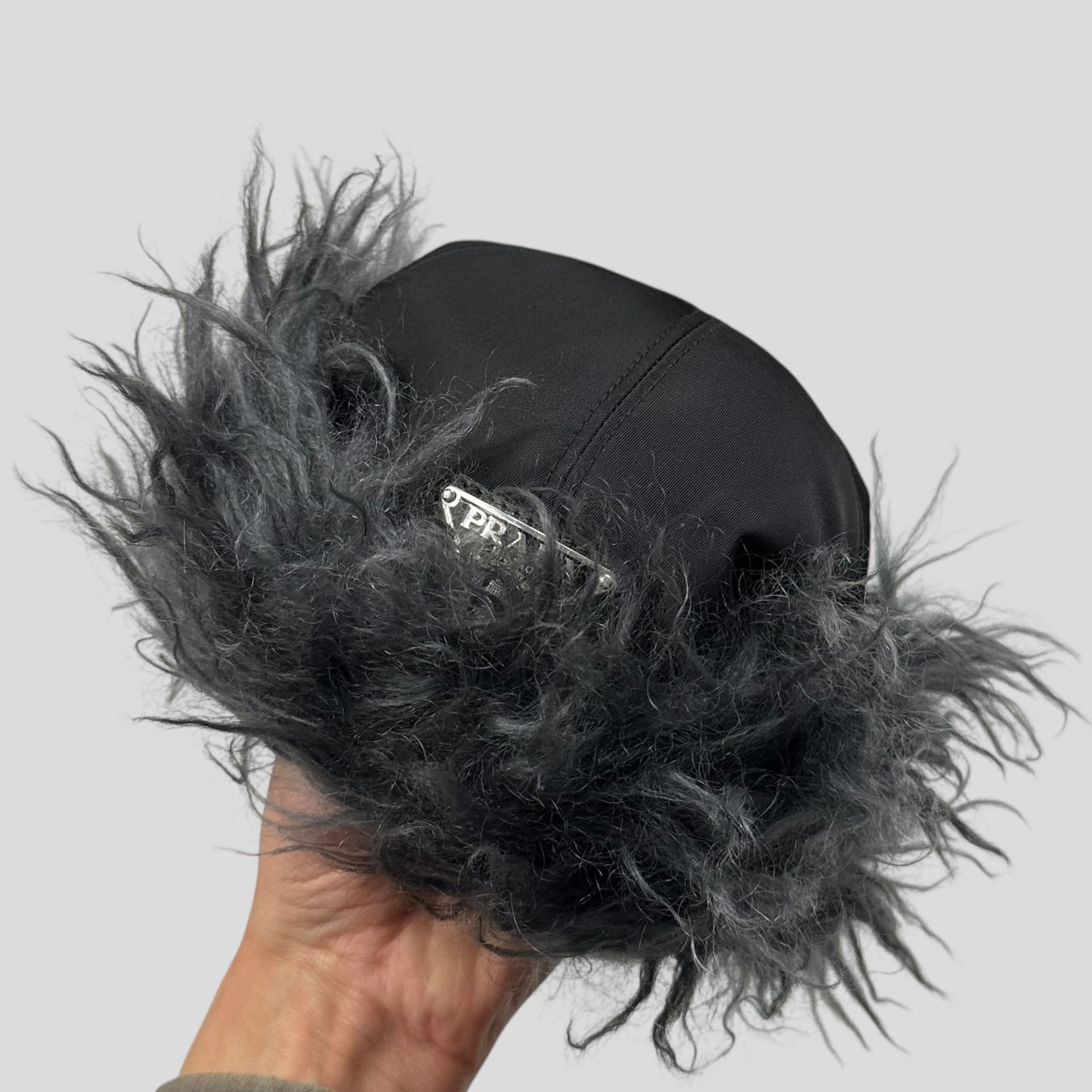 Prada Milano FW19 Mohair & Wool Triangle Logo Nylon Trapper Hat - S/M | O/S, Black