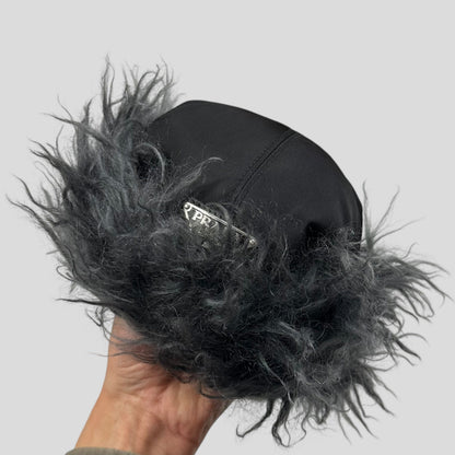 Prada Milano FW19 Mohair & Wool Triangle Logo Nylon Trapper Hat - S/M | O/S, Black
