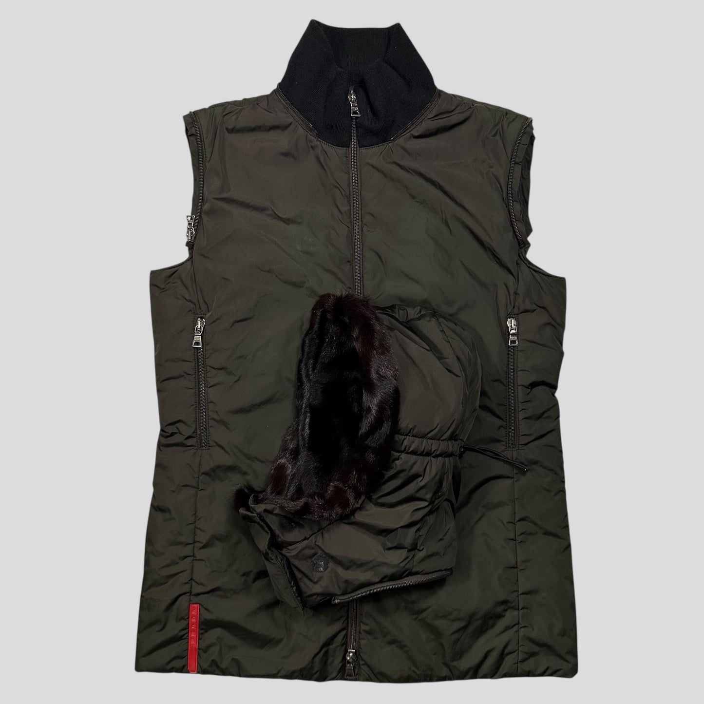 Prada Sport AW00 7 in 1 Nylon Padded Goat Fur Modular Bag Jacket - IT42 (S) | Default Title, Khaki