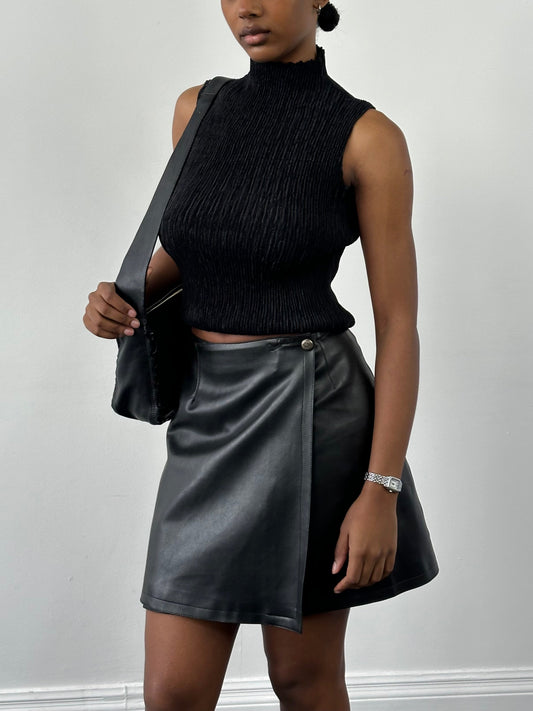 Vintage Faux Leather Wrap Mini Skirt - W25