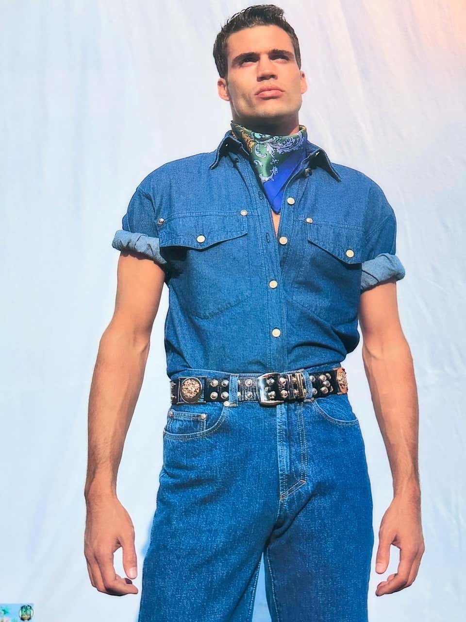 Gianni Versace 1992 Medusa Studded Indigo Denim Vest - IT50 | O/S, Gold