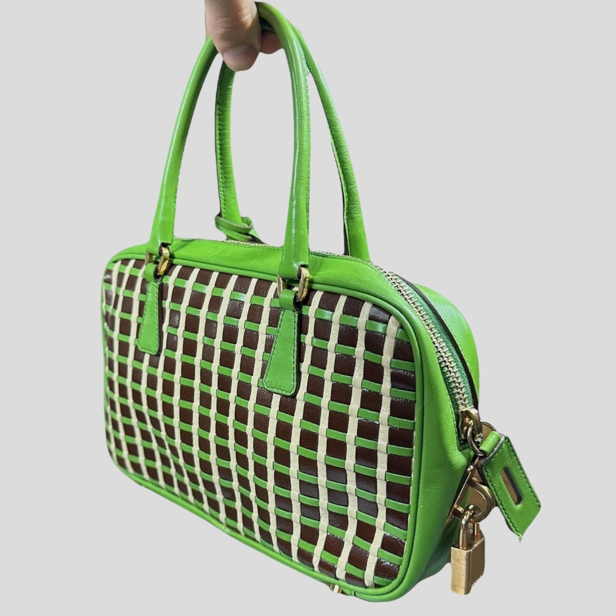 Prada 2001 Mini Top Handle Leather Woven Bag + Cards & Dustbag | O/S, Green