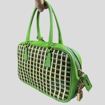 Prada 2001 Mini Top Handle Leather Woven Bag + Cards & Dustbag | O/S, Green