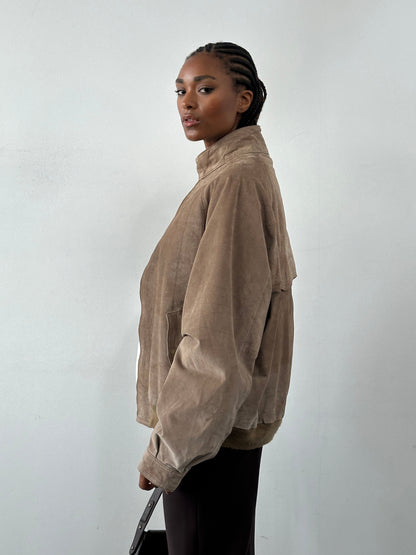 Vintage 1990s High Neck Suede Bomber Jacket - XL