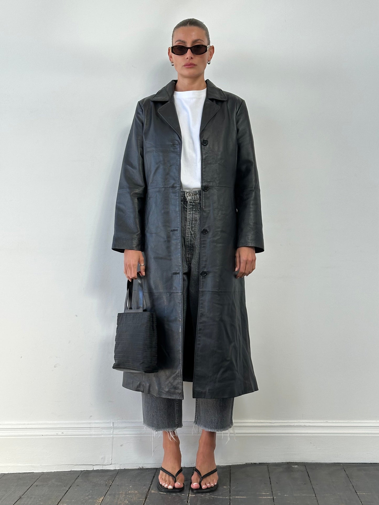 Vintage Floor Length Leather Trench Coat - M