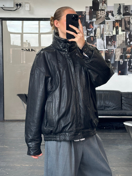 St Michael 1980s High Neck Leather Bomber Jacket - XL