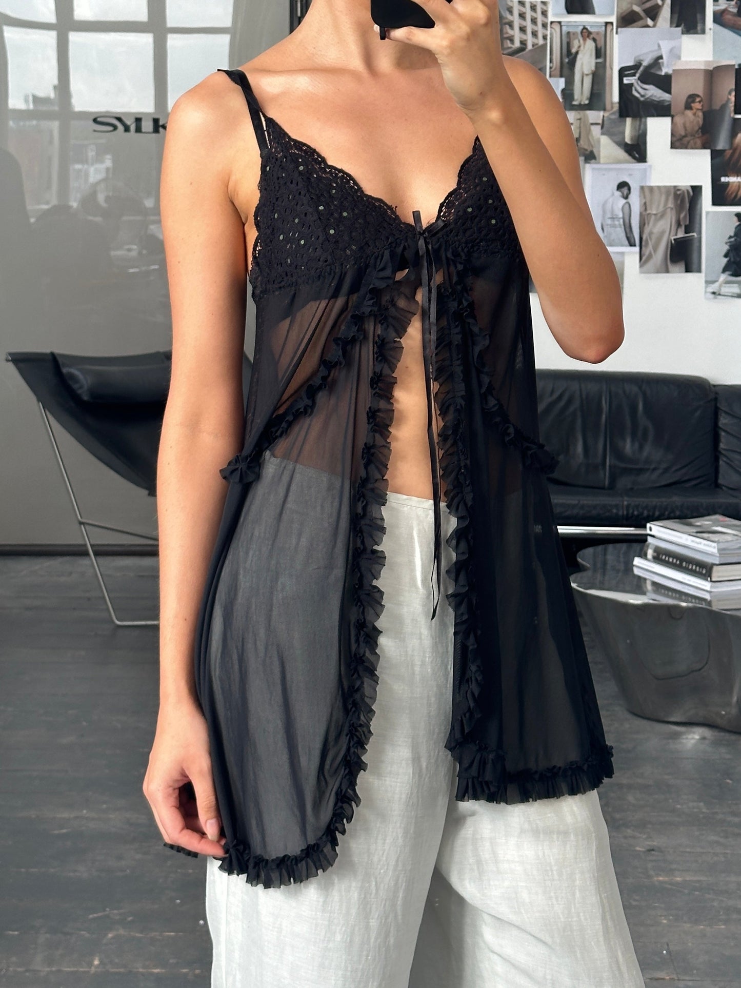 Vintage 2000s Lace Babydoll Asymmetric Split Cami Top - S-L