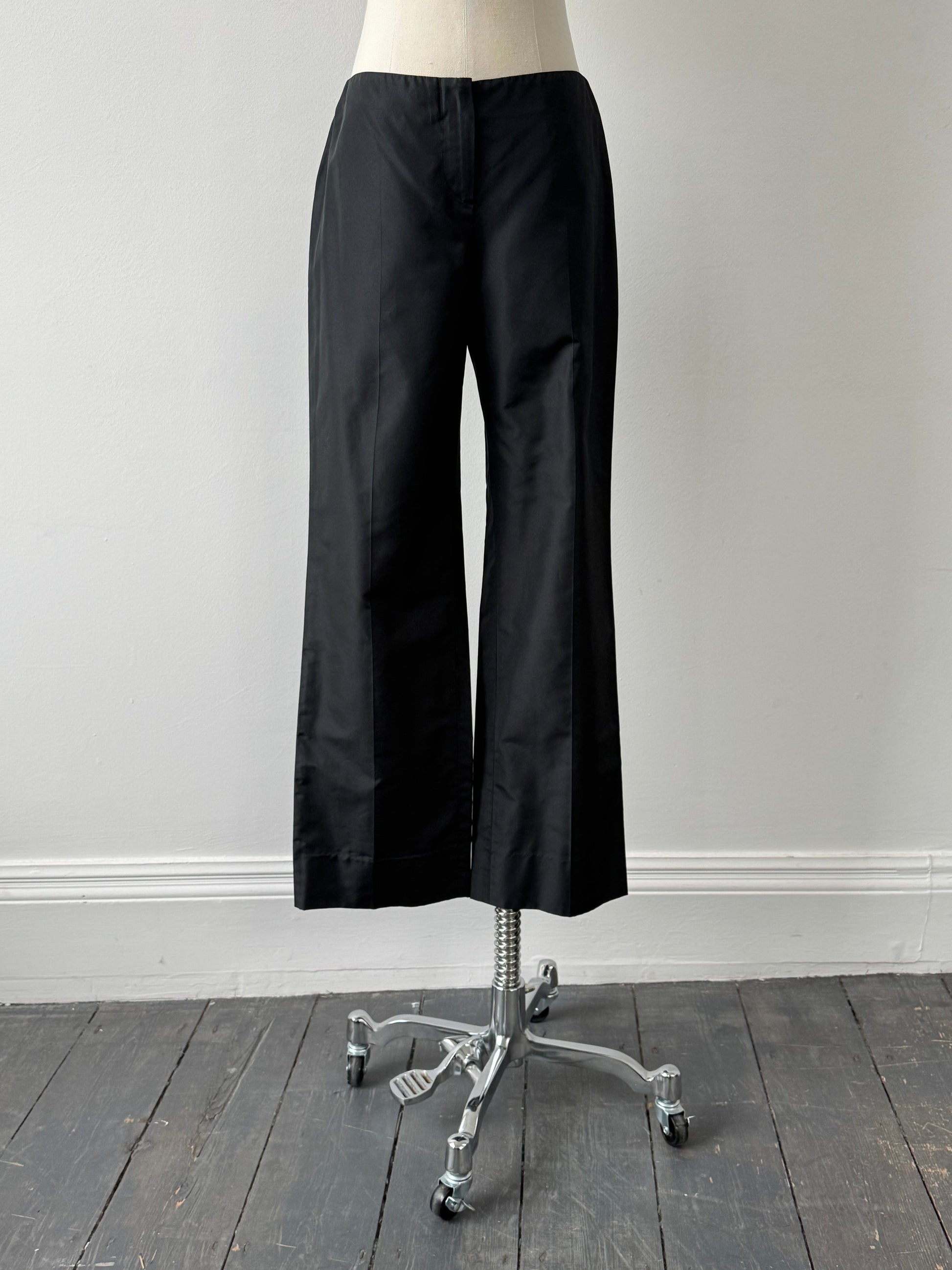 Emporio Armani 2000s silk low waist tailored trousers in black, featuring a slim fit and classic design, size W26.
