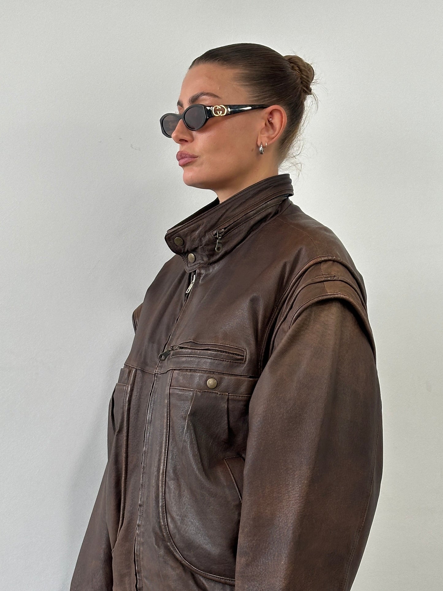 Vintage High Neck Aged Leather Bomber Jacket - L/XL