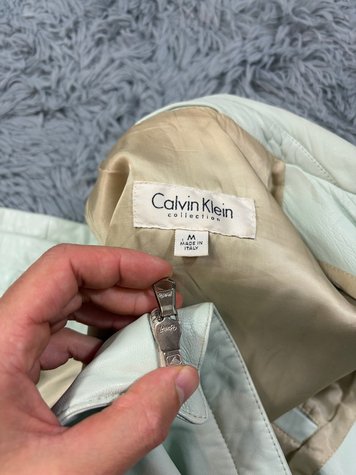 Calvin Klein Collection 00’s Mint Green Leather Fitted Trucker Jacket - M | O/S, Green