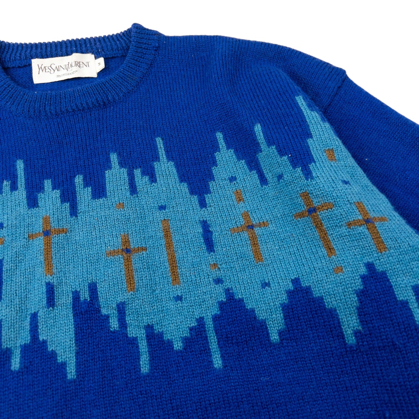 Vintage 80s YSL Yves Saint Laurent Pattern Wool Knit Jumper Size M | Medium, Blue