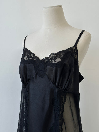 Vintage 1990s Satin Lace Sheer Mini Slip Dress - L
