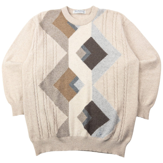 Vintage 90s Burberry Geometric Wool Knit Jumper Size L | Large, Beige, Brown, Grey