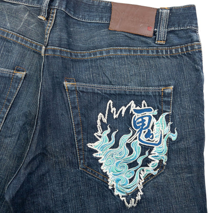 Vintage Oniarai Embroidered Devil Japanese Denim Jeans Size W38